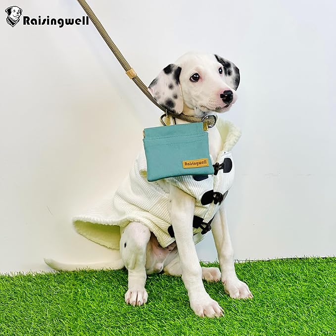 Dog Treat Pouch, Green Pocket Sized Pet Training Pouch, Cotton Fabric, Hand Free Dog Walking Bag with Carabiner, Self-Closing Pet Feed Snack Reward, for Puppy Travel or Outdoor Use-PawvioPets