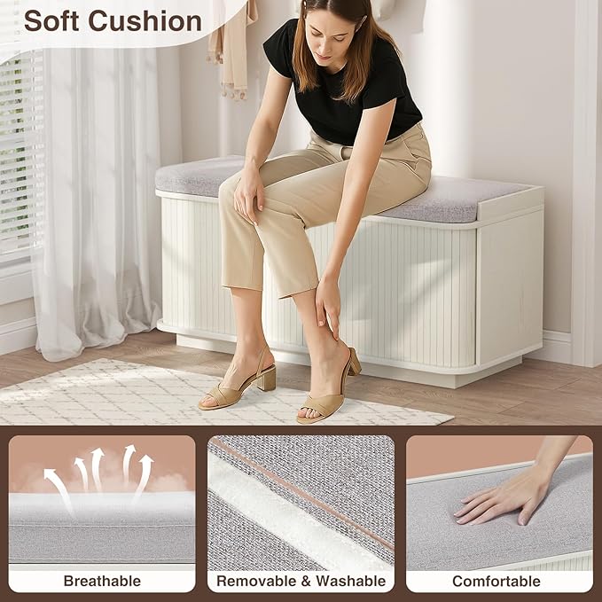 Cream White 39.4" W 2-Tier Shoe Bench with Storage | Entryway Bench with Padded Cushion, Sliding Doors & 5 Hooks-PawvioPets