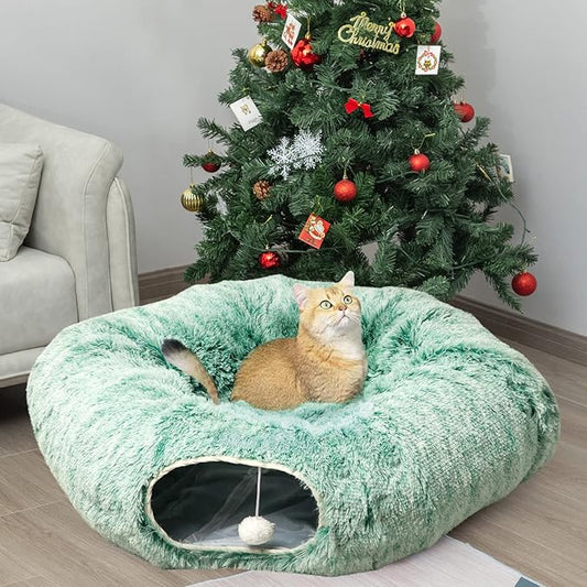AUOON Cat Tunnel Bed for Indoor Cats - Circle Peekaboo Cat Cave with Washable Mat for Indoor Cats Kitten Kitty Puppy Rabbit Ferret (Green)-PawvioPets