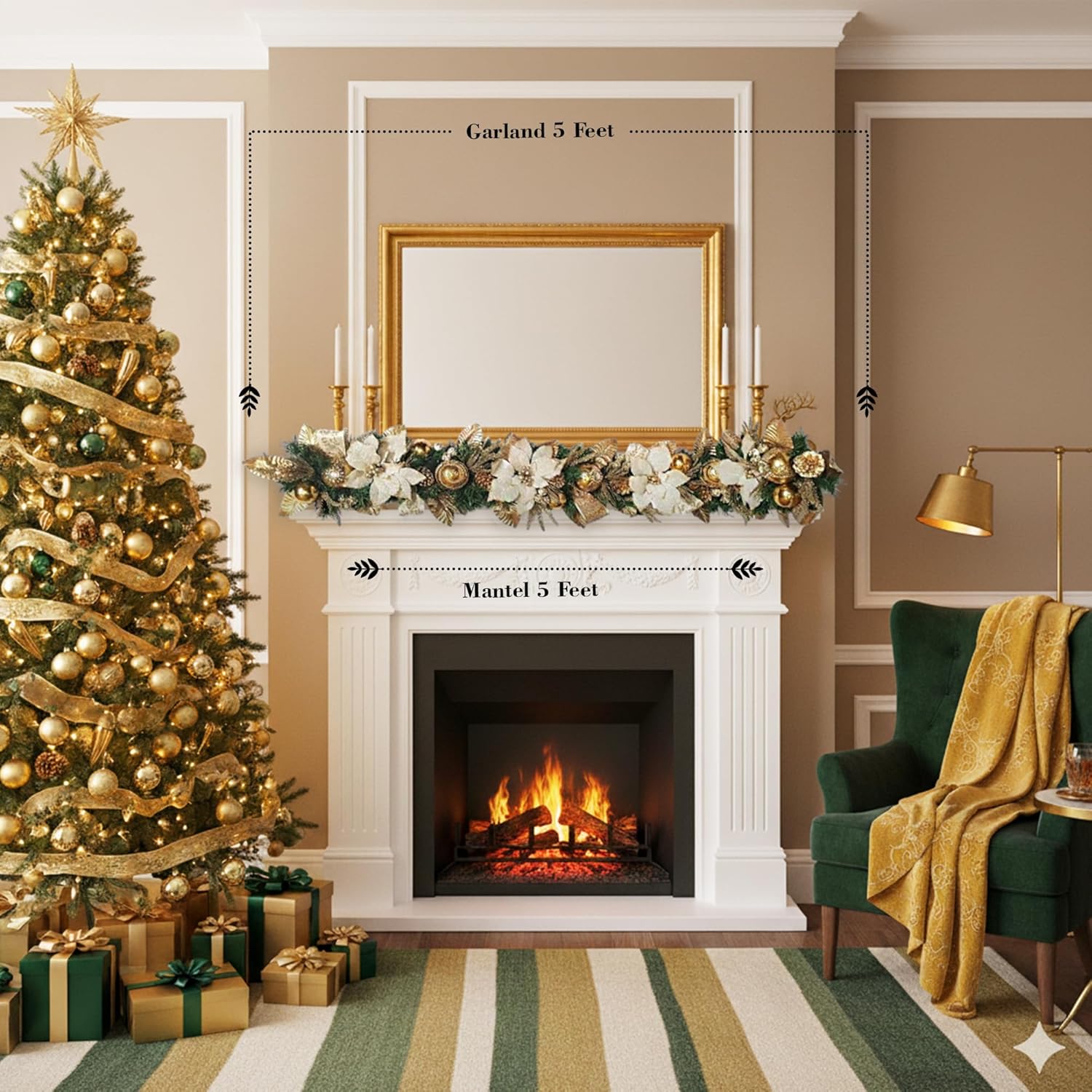 Holiday Tree White Gold Poinsettia Garland 5 Ft – Luxurious Christmas Garland with Metallic Accents, Festive Home Décor for Mantels, Doors & Tables