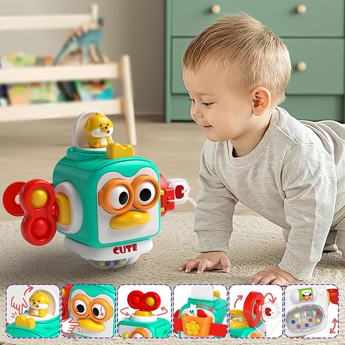 4 in 1 Baby Toy for 6 9 12 18 Month, Learning Toys for Babies 6-12 Months, Baby Busy Cube, Stacking Sorter, Pull String & Piano Xylophone Travel Toy, Birthday Gift for 1 2 Year Old-PawvioPets