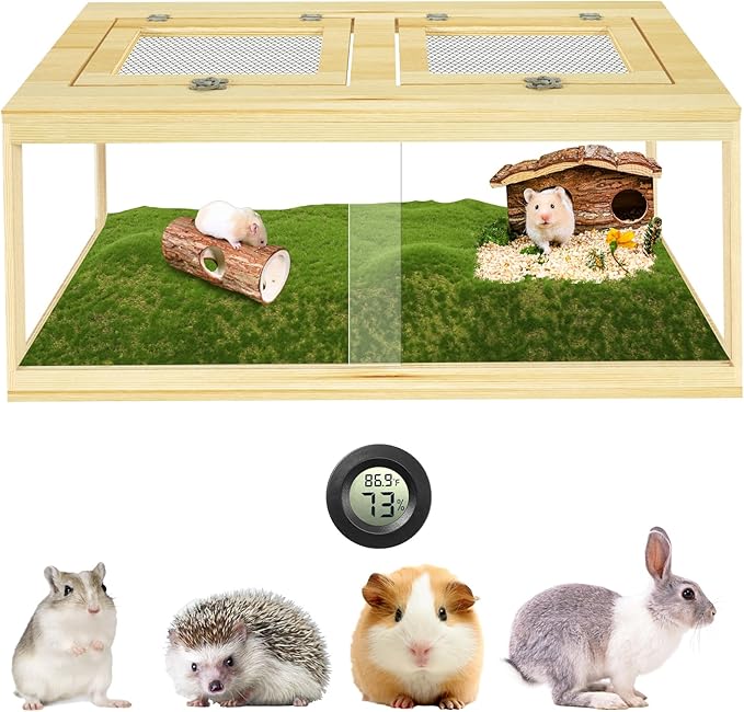 32" Hamster Habitat Enclosure, Lockable Sliding Door Gerbil Cage, Dwarf Hamster Cage with Metal Mesh Roof, Chewproof Syrian Hamster Cage for Mice, Small Animal, (Wooden, 32" L x 16" W x 16" H)-PawvioPets