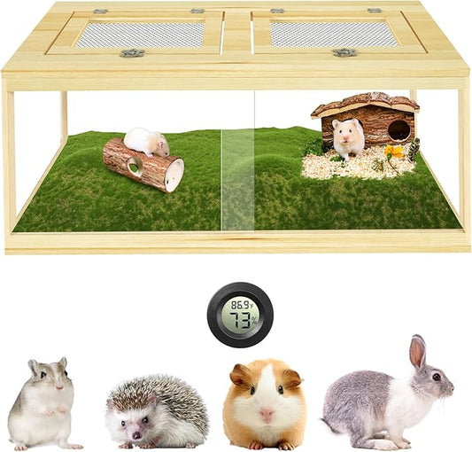 32" Hamster Habitat Enclosure, Lockable Sliding Door Gerbil Cage, Dwarf Hamster Cage with Metal Mesh Roof, Chewproof Syrian Hamster Cage for Mice, Small Animal, (Wooden, 32" L x 16" W x 16" H)-PawvioPets