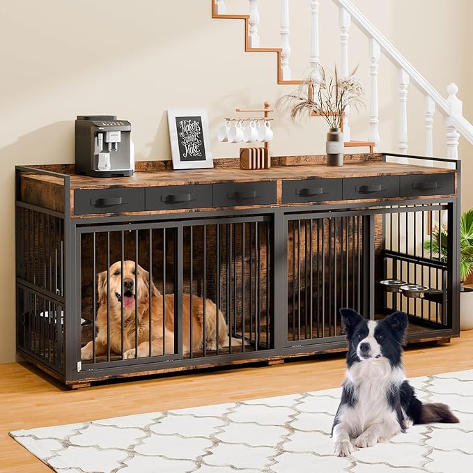 86.6Inch Large Double Dog Crate Furniture,Heavy Duty Metal Frame Dog Crate Kennel with Adjustable Feeder Bowls and Removable Divider&Drawers,Chew-Resistant Dog Kennel for 2 Dogs Indoor-PawvioPets