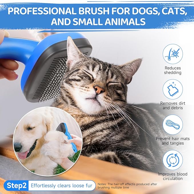 Dog Brush Kit – 3 PCS Grooming Set with Self-Cleaning Brush, Undercoat Rake & Pet Bath Brush. Great for Shedding, Tangles & Dirt Removal – Ideal for Long & Short Haired Dogs & Cats, Blue-PawvioPets