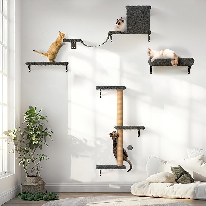 FUKUMARU Cat Wall Shelves, Stable & Safe 4 in 1 Cat Furniture Set, Wooden Climbing Wall with Scratching Post for 16 Inch Drywall - Gray-PawvioPets