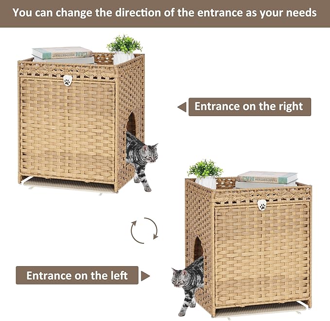 Cat Litter Box Enclosure with Soft Litter Mat; Hidden Cat Washroom Furniture with Door; Handwoven Rattan Cat House; Pet Crate for Living Room, Bedroom, Balcony (Natural)-PawvioPets