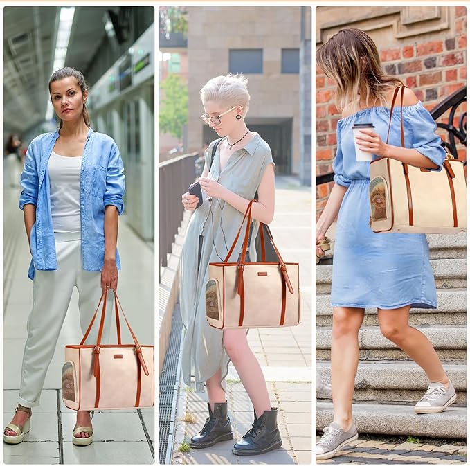 Fashion Dog Purse Pet Carrier Leather Bag for Small Dogs Cats Puppy, Portable Tote Bag Airline Approved Soft-Sided Carriers (Beign)-PawvioPets