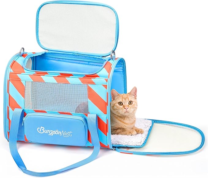 BurgeonNest Cat Carrier, Dog Cat Carriers for Large Medium Cats Under 20 lbs, Soft Sided Pet Carrier, Collapsible Travel Carry Puppy Kitten Cat Carrier with Big Side Bag (Medium, Blue-Orange)-PawvioPets
