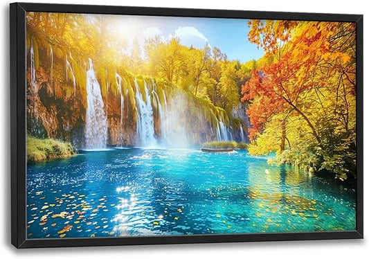Extra Large Waterfall Lake Framed Wall Art for Living Room,Oversized Fall Autumn Tree Landscape Pictures Wall Decor,Nature Canvas Print Painting Modern Artwork Bedroom Office Bathroom 36L" x 24W"-PawvioPets