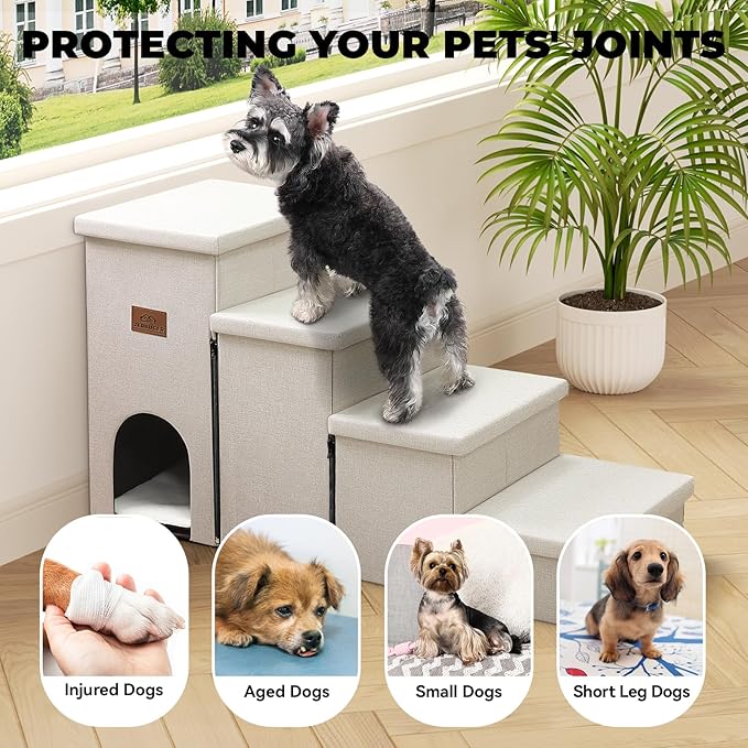 Dog Stairs with Condo 23" H, 4-Step Wider Folding Storage Pet Stairs Gift for Small/Medium/Large Old Dogs Cats, Dog Steps for High Beds Window, Ramp for Climbing Car Up to 200 lbs, Beige-PawvioPets