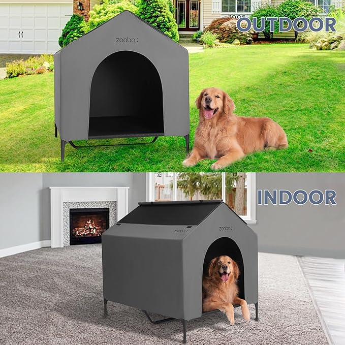 42” Outdoor Dog House for Large Breeds, Durable Large Dog Shelter with Weatherproof 600D PVC Canopy, Breathable 2x1 Textilene Fabric Elevated Dog Bed, XL Dog Kennel for Outside Use-PawvioPets