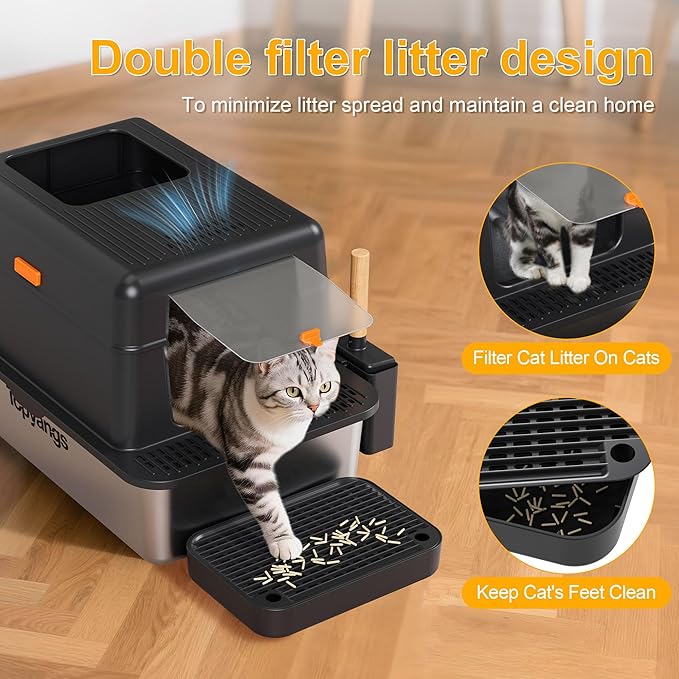 Enclosed Stainless Steel Litter Box with Lid, 20L Metal Enclosed Litter Box for Big Cat, Flip-Top Design with Anti-Leakage High Sides, Cat Lovers Gifts（Black）-PawvioPets