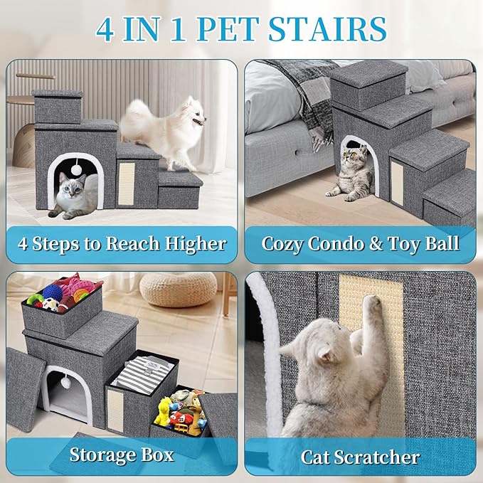 Dog Stairs for Bed and Couch 23“H, Foldable Dog Stairs for Small Older Dogs, 4 in 1 Adjustable Pet Cat Steps Ramps with Storage, Condo, Cat Scratcher, Hold Up to 180LBS, 4 Steps-PawvioPets
