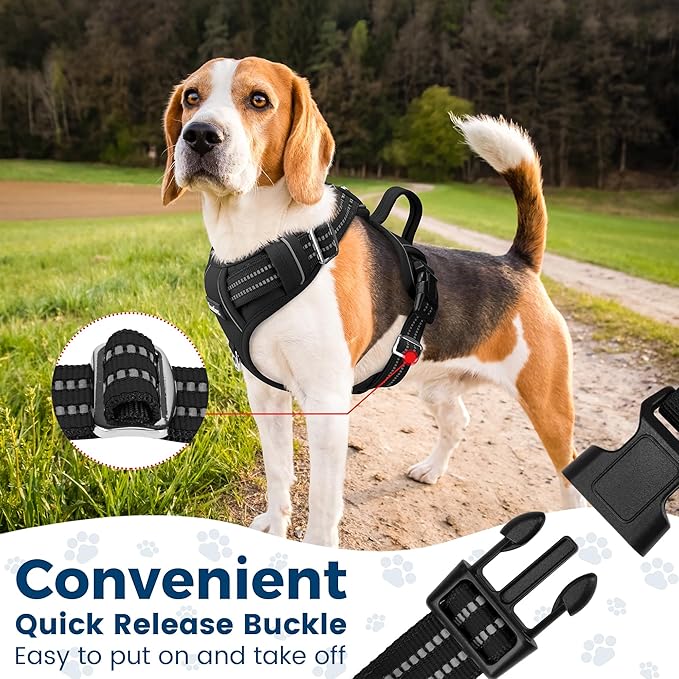 Funfox Dog Harness No Pull, Adjustable Dog Vest Harness Super Soft, 2 Leash Clips Anti Pull, Vertical Handle Easy to Control, Reflective Night Walking for Large Breed, Black, L-PawvioPets
