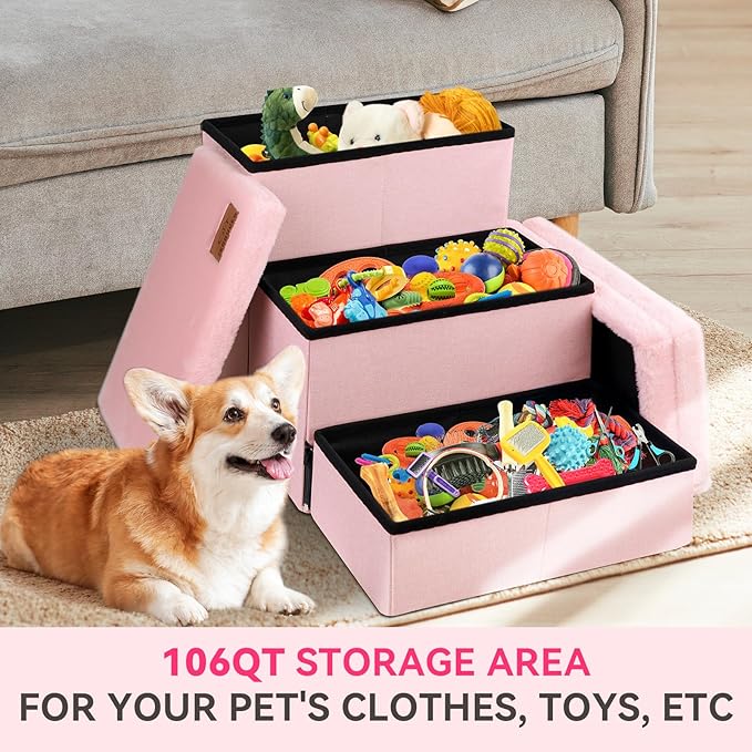 Dog Stairs with Furry Lids 18" H, 3-Step Wider Dog Steps with Storage for Small/Medium/Large Dogs Cats, Folding Sturdy Pet Stairs Climbing Bed or Sofa, Ramp for Car Hold Up to 200 lbs, Pink-PawvioPets