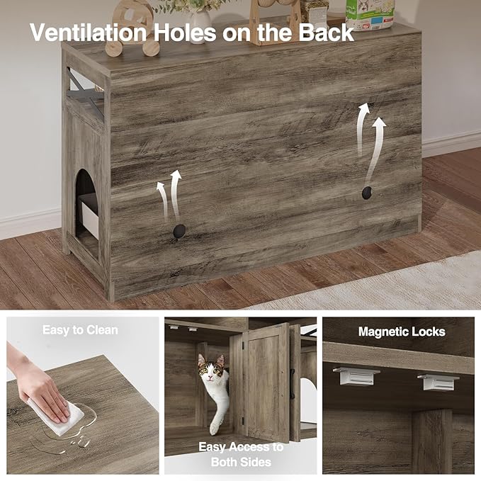 Cat Litter Box Enclosure for 2 Cats, 47" Hidden Litter Box Furniture Cat Washroom with Double Large Room, Farmhouse Indoor Litter Box Cabinet TV Stand, Grey-PawvioPets