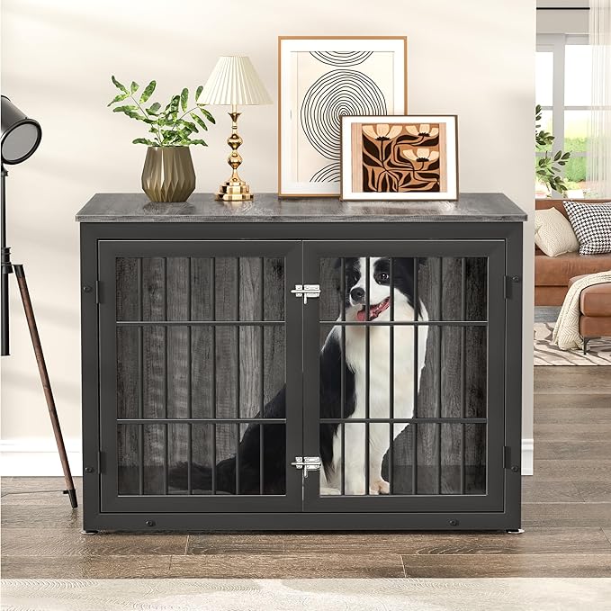 42" Heavy Duty Dog Crate Furniture for Large and Medium Dogs, Enclosed Design Wooden Metal Kennel, Wooden Cage Furniture Indoor, Decorative Dog Kennel End Table-PawvioPets