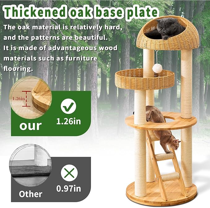 Big Modern Design Cat Tree Tower, Cat Tower Sisal-Covered Scratching Posts for Indoor Cats, Natural Oak Wood Cat Tree for Large Cats, Multi-Level Cat Condo with Sisal Staircase-PawvioPets