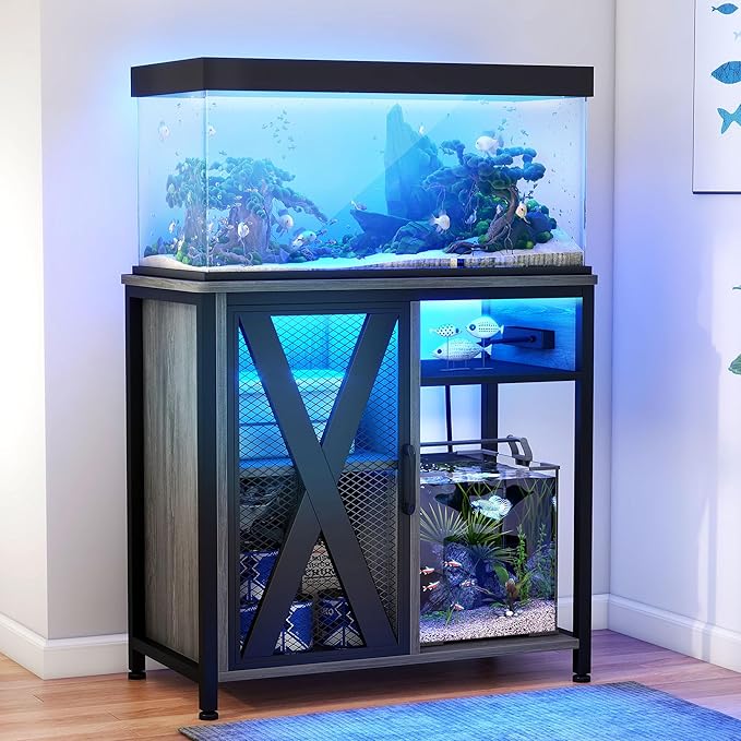 DWVO 20-29 Gallon Aquarium Stand with Power Outlets & LED Light, Cabinet for Fish Tank Accessories Storage - Metal Fish Tank Stand Suitable for Turtle Tank, Reptile Terrarium, 350LBS Capacity, Grey-PawvioPets