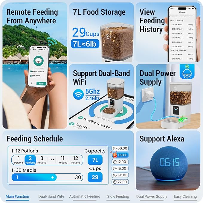 Automatic Cat Feeder with Slow Feed: 5G WiFi Automatic Dog Feeder with Smart APP Control, Auto Cat Food Dispenser with Alexa for Multiple Pets, Detachable for Easy Cleaning - 29 Cup（7L）-PawvioPets