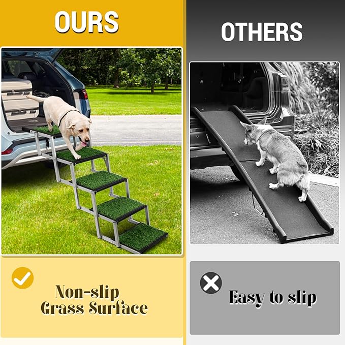 Dog Stairs for Car, Portable Folding Dog Ramps,Dog Steps for Large Dogs with Non-Slip Grass Rug for Cars, SUV, Trucks, Lightweight Pet Ramp Supports Up to 200 lb, 6 Steps-PawvioPets