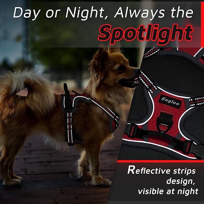 Eagloo Small Dog Harness No Pull, Service Vest with Reflective Strips and Control Handle, Adjustable and Comfortable for Easy Walking, No Choke Pet Harness with 2 Metal Rings, Red, XS-PawvioPets