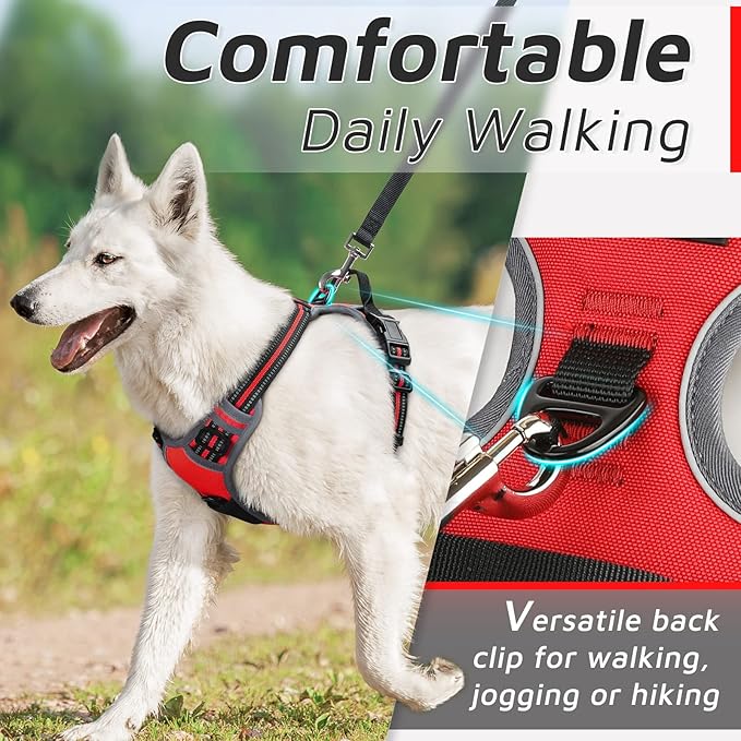 Eagloo Dog Harness Medium Sized Dog, No Pull Service Vest with Reflective Strips and Control Handle, Adjustable and Comfortable for Easy Walking, No Choke Pet Harness with 2 Metal Rings, Red, M-PawvioPets