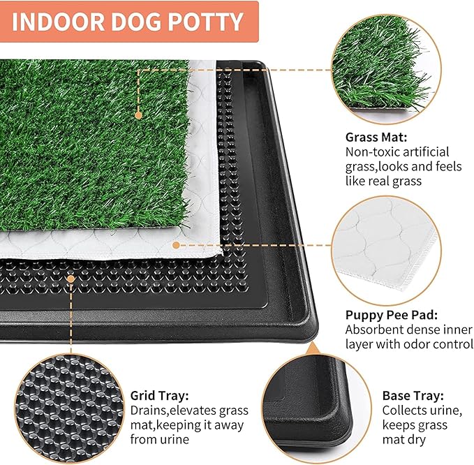 Dog Grass Pet Loo Indoor/Outdoor Portable Potty, Dog Litter Box, Artificial Grass Patch Bathroom Mat and Washable Pee Pad for Puppy Training, Full System with Trays (Pet Training Tray, 20"x16")-PawvioPets