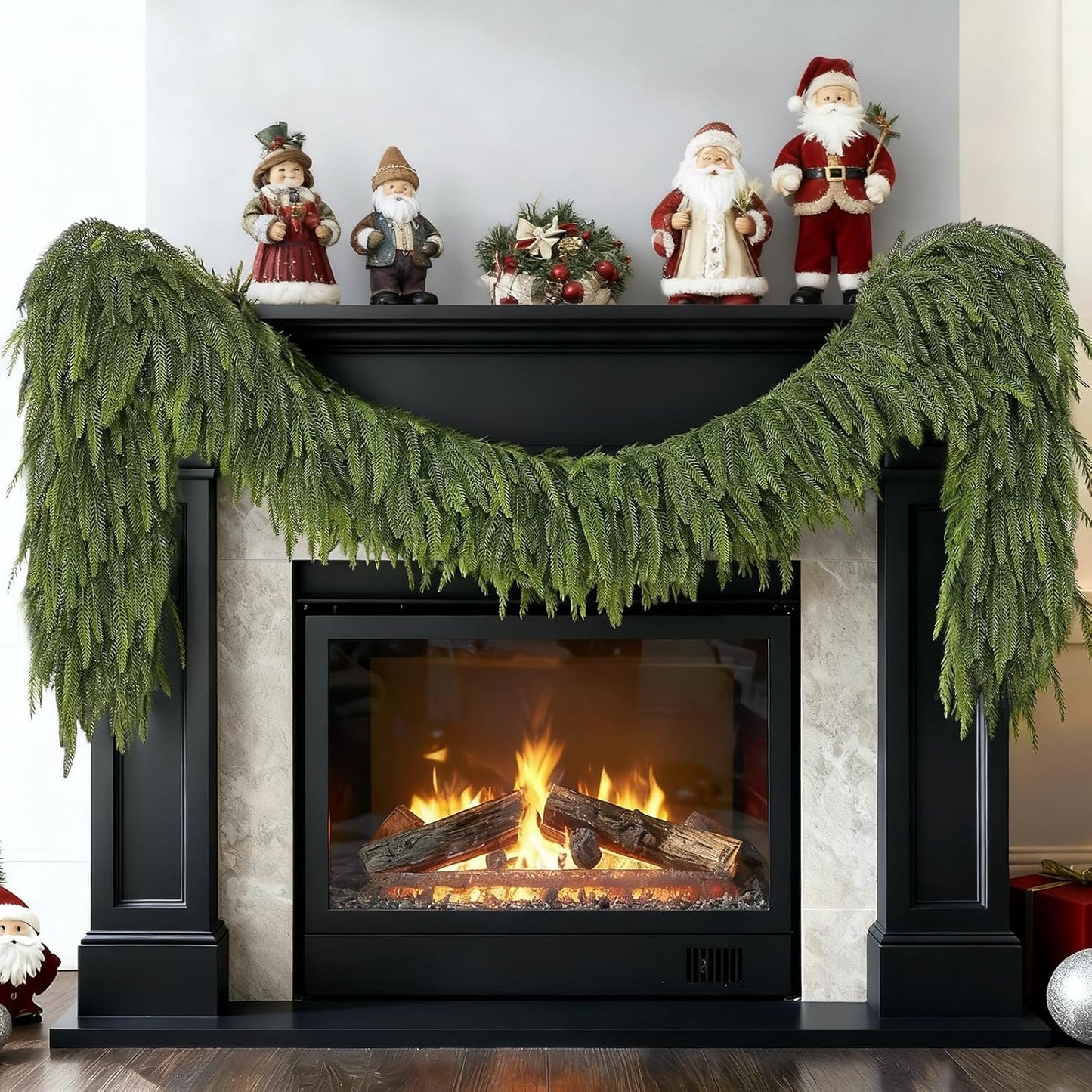 9FT Christmas Norfolk Pine Garland -2PCS, Artificial Pine Needles Garlands Faux Greenery Fake Garland for Holiday Fireplace,Table,Window,Stairs,Mante,Indoor Outdoor Decor