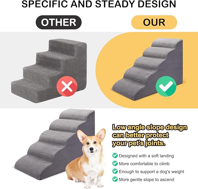 Dog Stairs for Bed and Couch, Non-Slip 5-Step Pet Stairs, 24" High Sofa Foam Dog Ramp - Best for Small Pets, Dogs and Cats with Joint Pain-PawvioPets