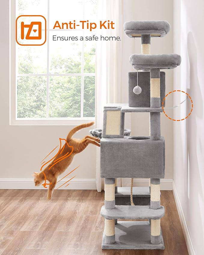 Feandrea Cat Tree, 66.1-Inch Large Cat Tower with 13 Scratching Posts, 2 Perches, 2 Caves, Basket, Hammock, Pompoms, Multi-Level Plush Cat Condo for Indoor Cats, Light Gray UPCT165W01-PawvioPets