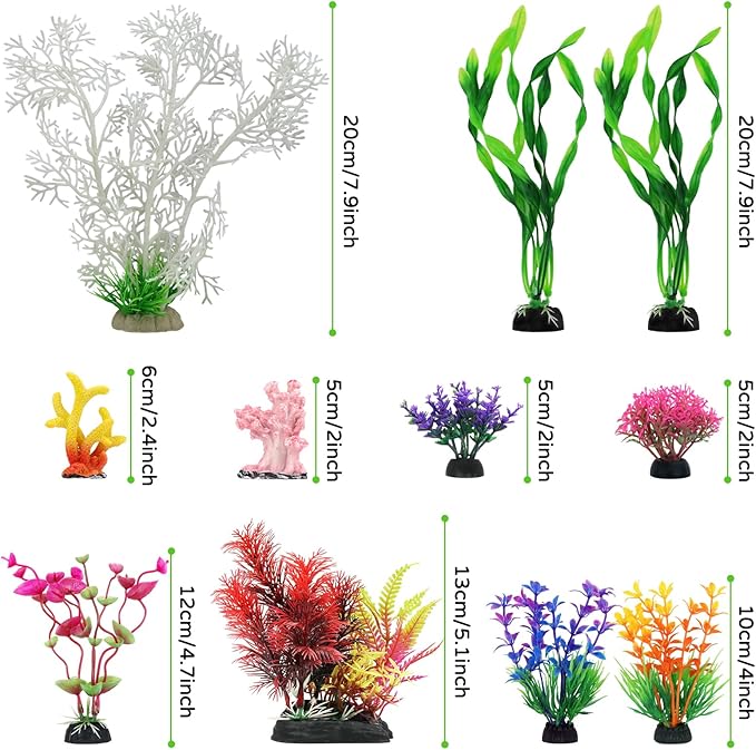 Aquarium Decorations Plants with Resin Coral, 12 pcs Fish Tank Accessories, Fish Tank Decorations Small Plants Plastic, Aquarium Decor Artificial Plant-PawvioPets