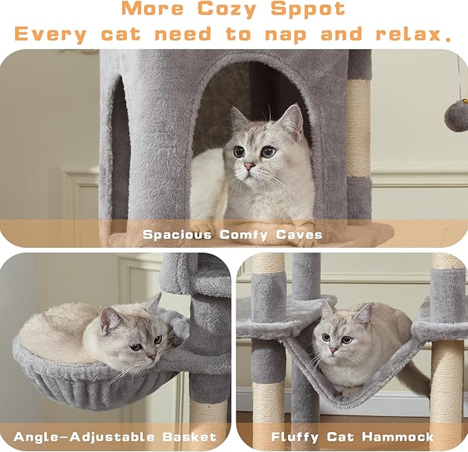 70-Inch Cat Tree,Large Cat Tree Tower with Hammock, Scratching Post, Condo and Multi-Level Cat Tower for Large Cats, Cat Activity Center Playhouse, Light Gray LCT016-PawvioPets