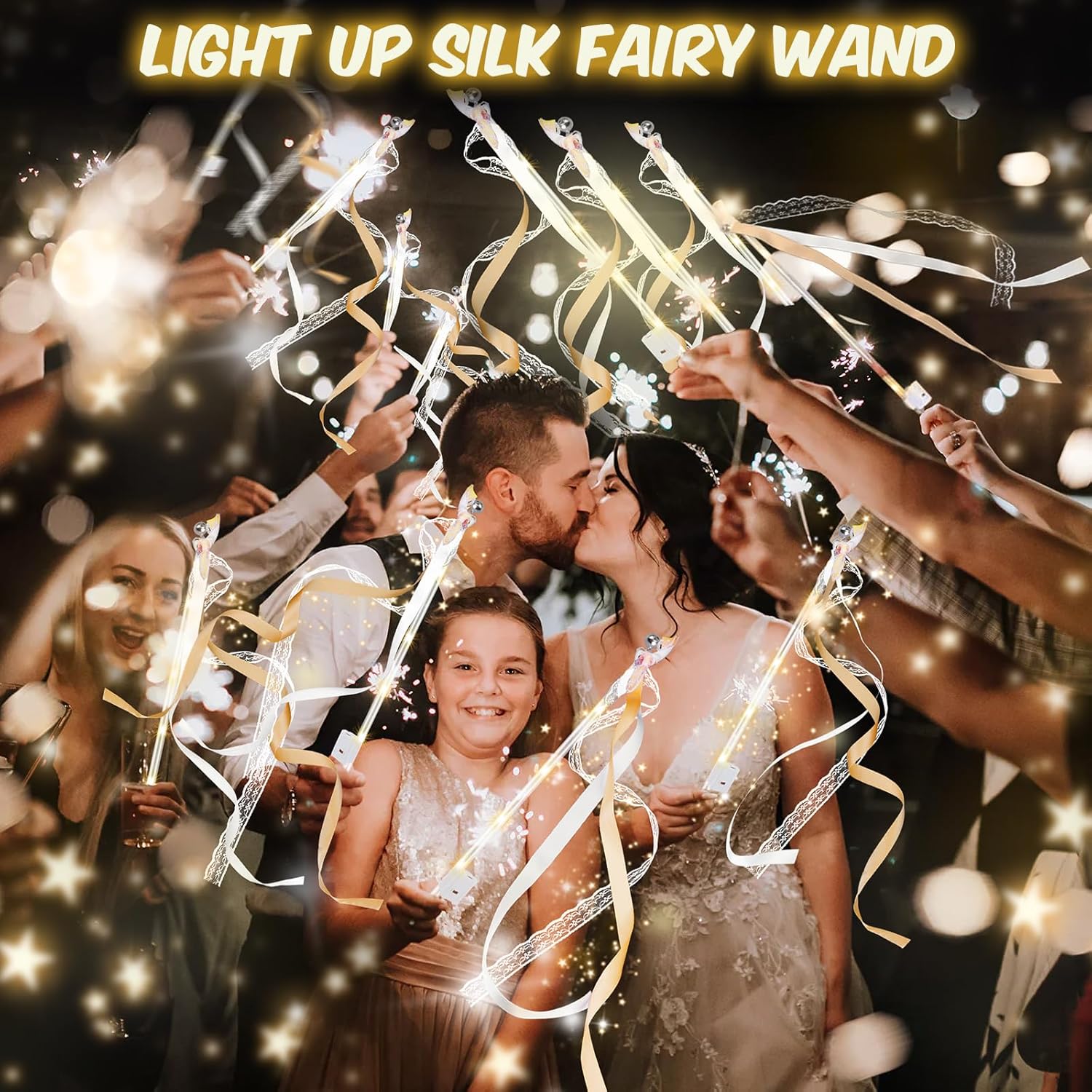 58 PCS Wedding Wands with Lights,Fairy Wands, LED Silk Fairy Wand with Bells for Wedding Send Off, New Year, Raves, Concert, Birthday
