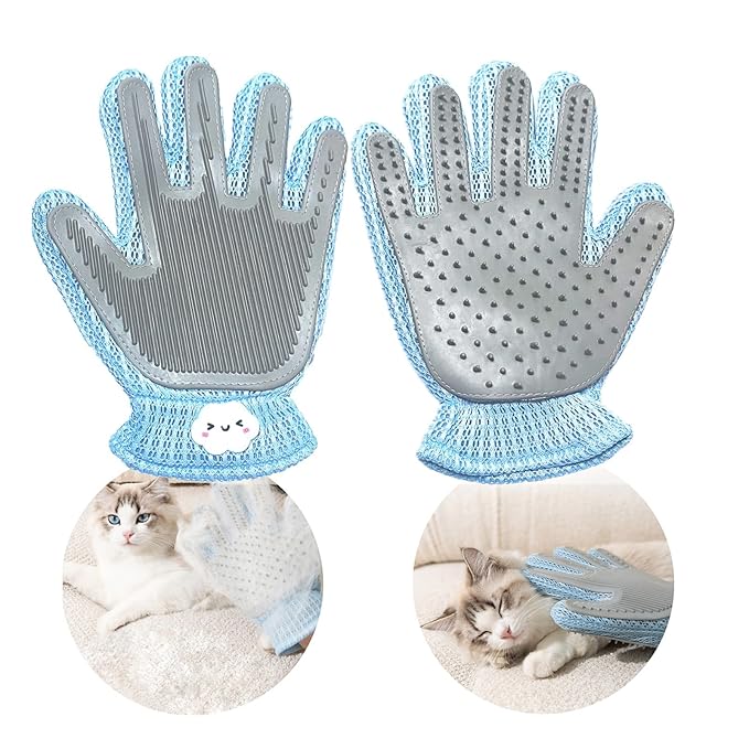 2 Pcs [2-in-1] Pet Hair Removal Gloves - Five Finger Massage Design Pet Beauty Gloves, Suitable for pet dogs and cats to prevent hair tanglings (Blue)-PawvioPets