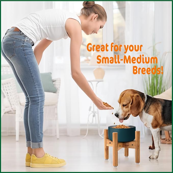 Dog Bowl Stand for Medium Breeds - Raises Bowls to 9-inch High, Ants/Bugs-Off - Adjustable, Fits Various Sizes of Dog Food/Water Bowls and Slow Feeders - Bamboo-PawvioPets