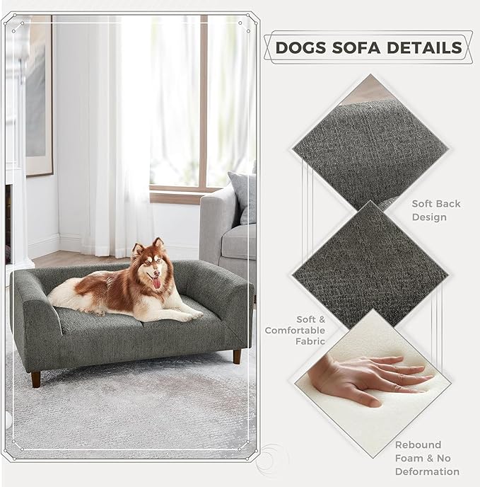 Dog Sofa Couch for Medium to Large Dogs, Memory Foam Dog Sofa Bed, Modern Elevated Pet Couch Bed with Wooden Legs for Medium and Large Dogs, Dark Grey-PawvioPets