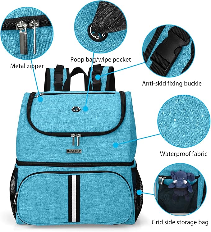 BAGLHER Pet Travel Bag, Double-Layer Pet Supplies Backpack (for All Pet Travel Supplies), Pet Travel Backpack with 2 Silicone Collapsible Bowls and 2 Food Baskets Sky Blue-PawvioPets