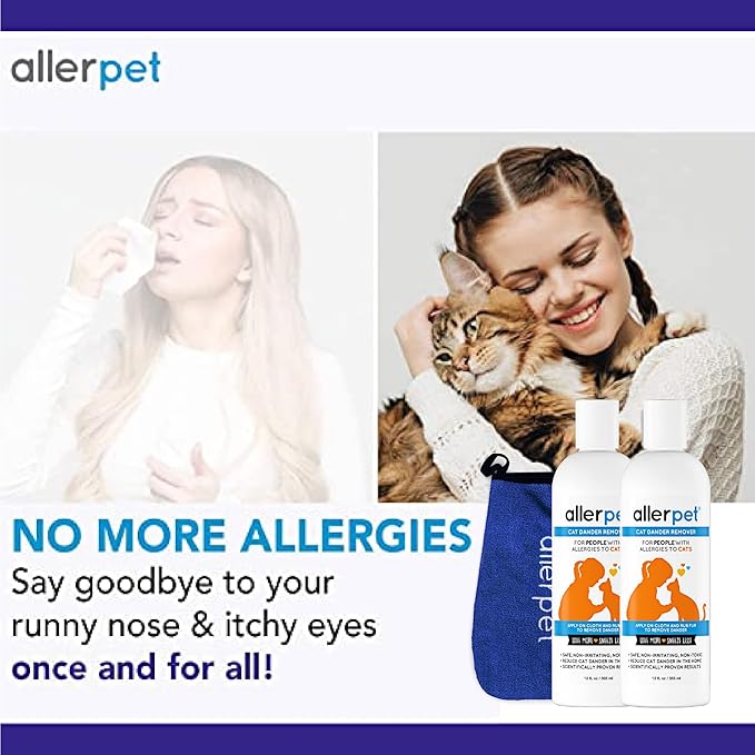 Allerpet Cat Dander Remover w/Free Applicator Mitt - Effective Cat Dander Reduction - Anti Allergen Solution Made in USA - 2 Pack (12oz)-PawvioPets