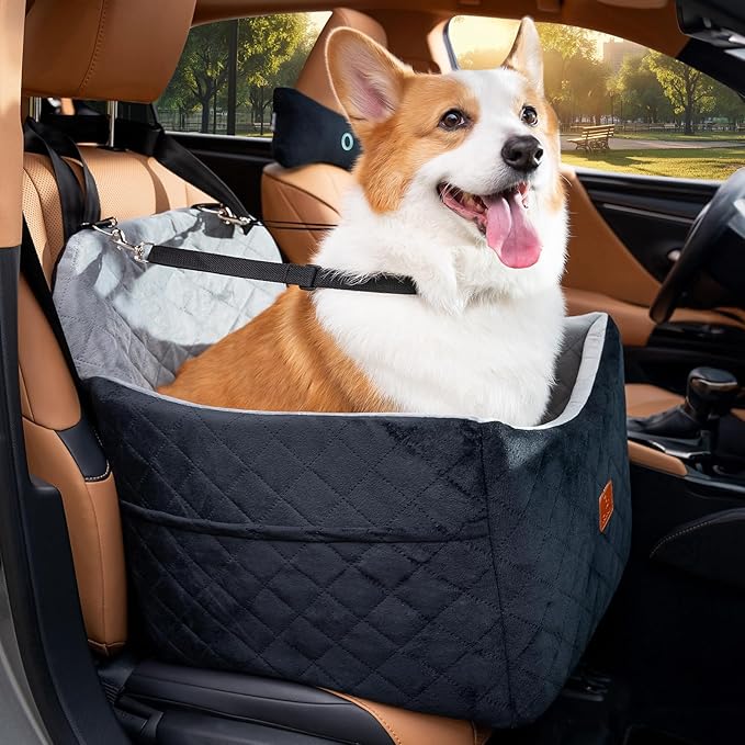 Dog Car Seats for Small/Medium Dogs, FurFrolic Memory Foam Dog Booster Seat for Small Dogs up to 35 lbs, Travel Pet Car Seat with Washable Detachable Cover, Storage Pockets, 2 Safety Belts, Black Gray-PawvioPets