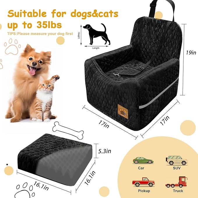 Dog Car Seat for Small/Medium Dogs, Memory Foam Dog Booster Seat, Travel Safety with Washable Removable Cover, Storage Pockets for Dogs up to 35 lbs(Black)-PawvioPets