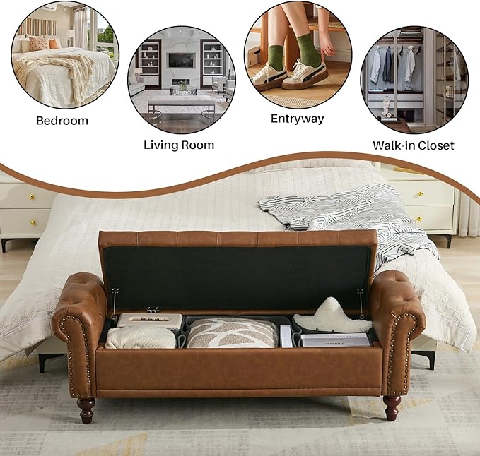 58.1'' Storage Bench Upholstered PU Leather End of Bedroom Bed Bench Ottoman with Tufted Cushioned Rolled Arm Large Storage Space for Reading Living Room Entryway, Brown-PawvioPets