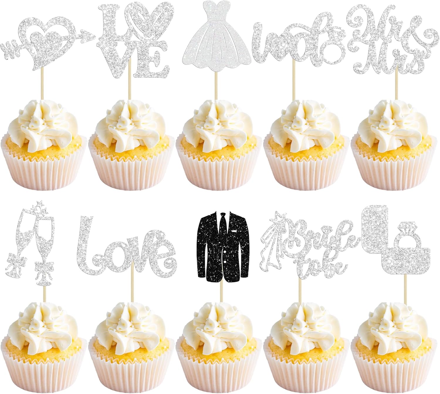 Ephlyn 30Pcs Bride to be Cupcake Toppers Glitter Diamond Ring Love I Do Cupcake Picks for Miss to Mrs Bridal Shower Wedding Engagement Bachelorette Cupcake Decorations Party Supplies Silver