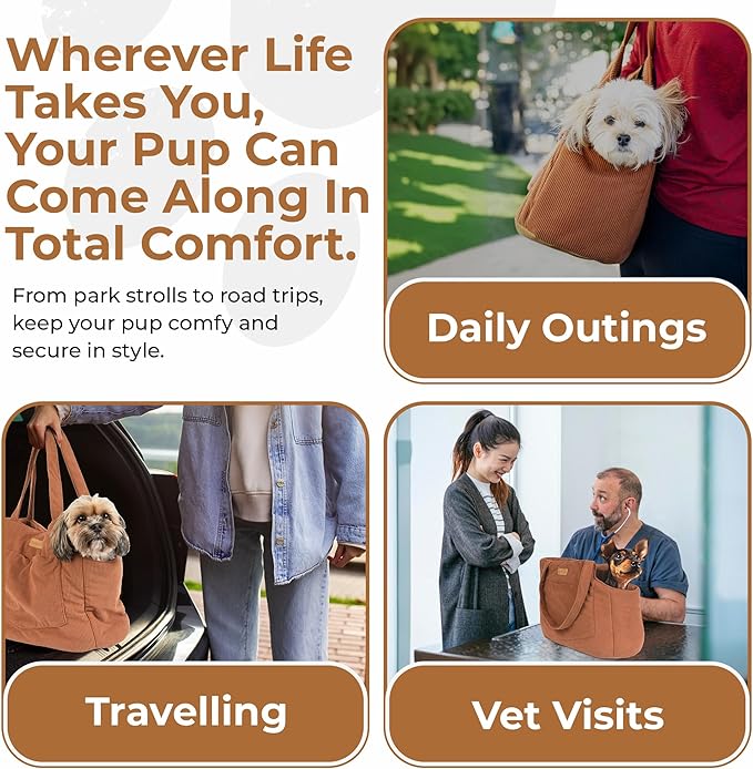 Corduroy Dog Carrier - Lightweight Cotton Soft-Sided Pet Tote with Safety Harness Clip - Breathable Travel Carrier for Small Dogs and Puppies (Brown)-PawvioPets