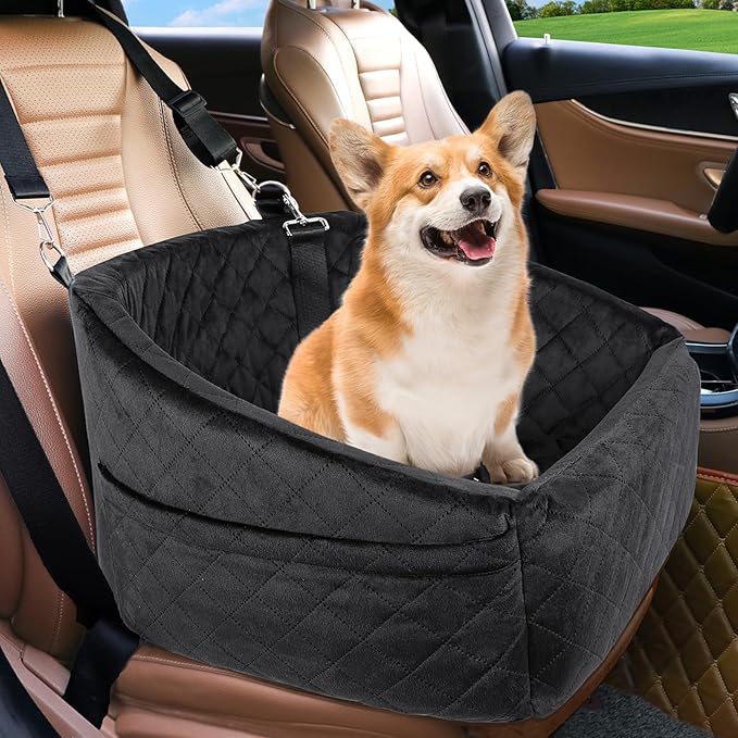 Dog Car Seat for Small Medium Dogs,Detachable Washable Dog Booster Seat Under 30lbs, Pet Car Seat Travel Bed with Storage Pockets and Dog Safety Belt (Black)-PawvioPets