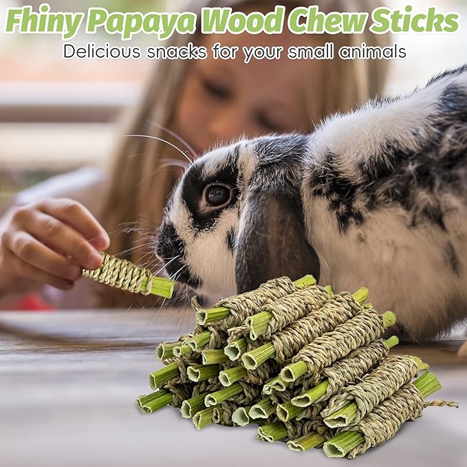 Fhiny 24 PCS Rabbit Chew Sticks, Natural Papaya Wood Seagrass Guinea Pig Chew Toys for Teeth Small Animal Molar Sticks Snacks for Bunny Guinea Pig Chinchilla Ferret Hamster Gerbil Dental Care-PawvioPets
