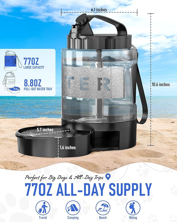 Dog Water Bottle Travel Bowl, 77oz Large Portable Dog Water Bowl Dispenser, Leakproof Pet Drinking Bottle Dispenser for Hiking Camping Walking Travelling Beach Car Trips, BPA Free, Black-PawvioPets