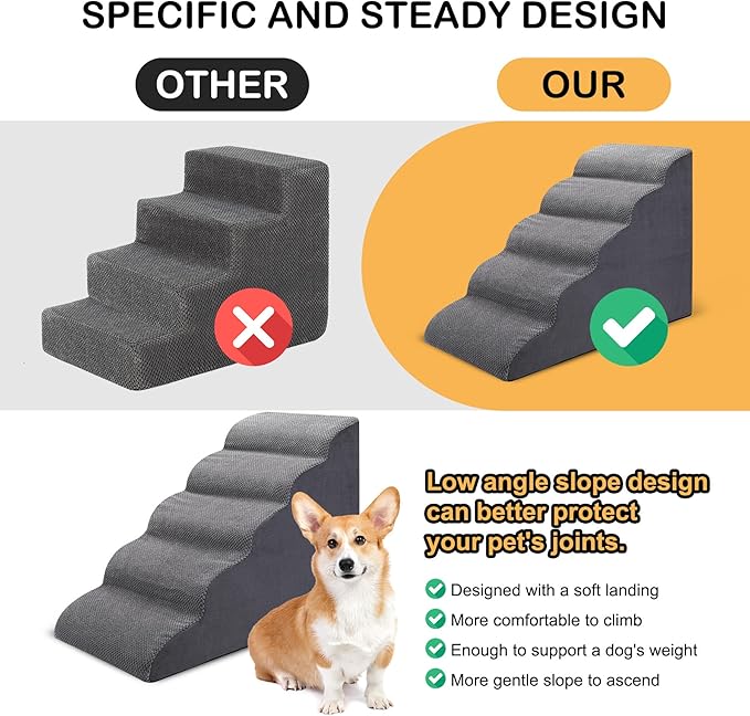 Dog Stairs for Bed, 5 Tier Dog Steps for Couch and High Bed, Non-Slip Pet Stairs, 24" High Sofa Foam Ramp - Best for Small Pets, Older Cats with Joint Pain-PawvioPets