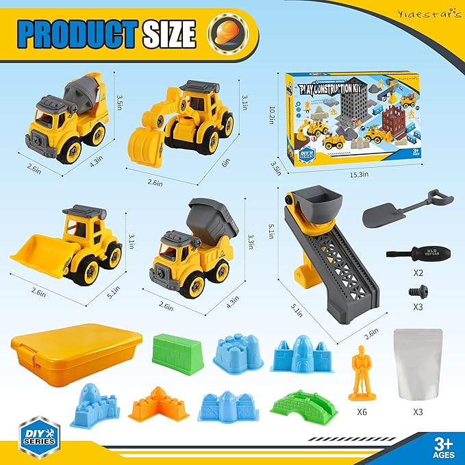 Construction Sandbox with Lid - 4 Vehicles with 1 Conveyor, 8 Castle Molds, 6 Figures & 3lbs Moldable Sand - Preschool Sensory Bin for Fine Motor Skills, Ages 3-6-PawvioPets